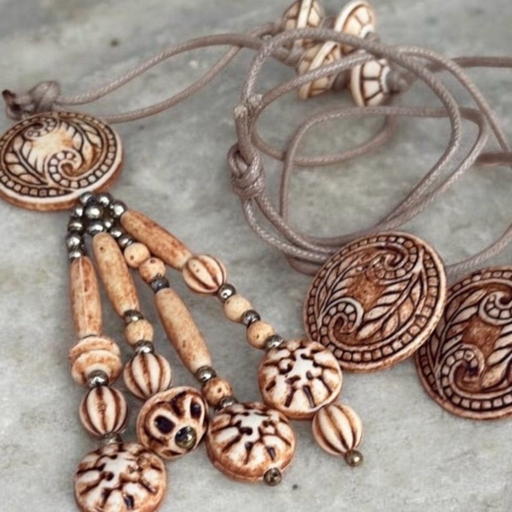 Vintage Avon Tribal Boho Tassel Necklace & Clip Earrings Carved Bone Look NIB